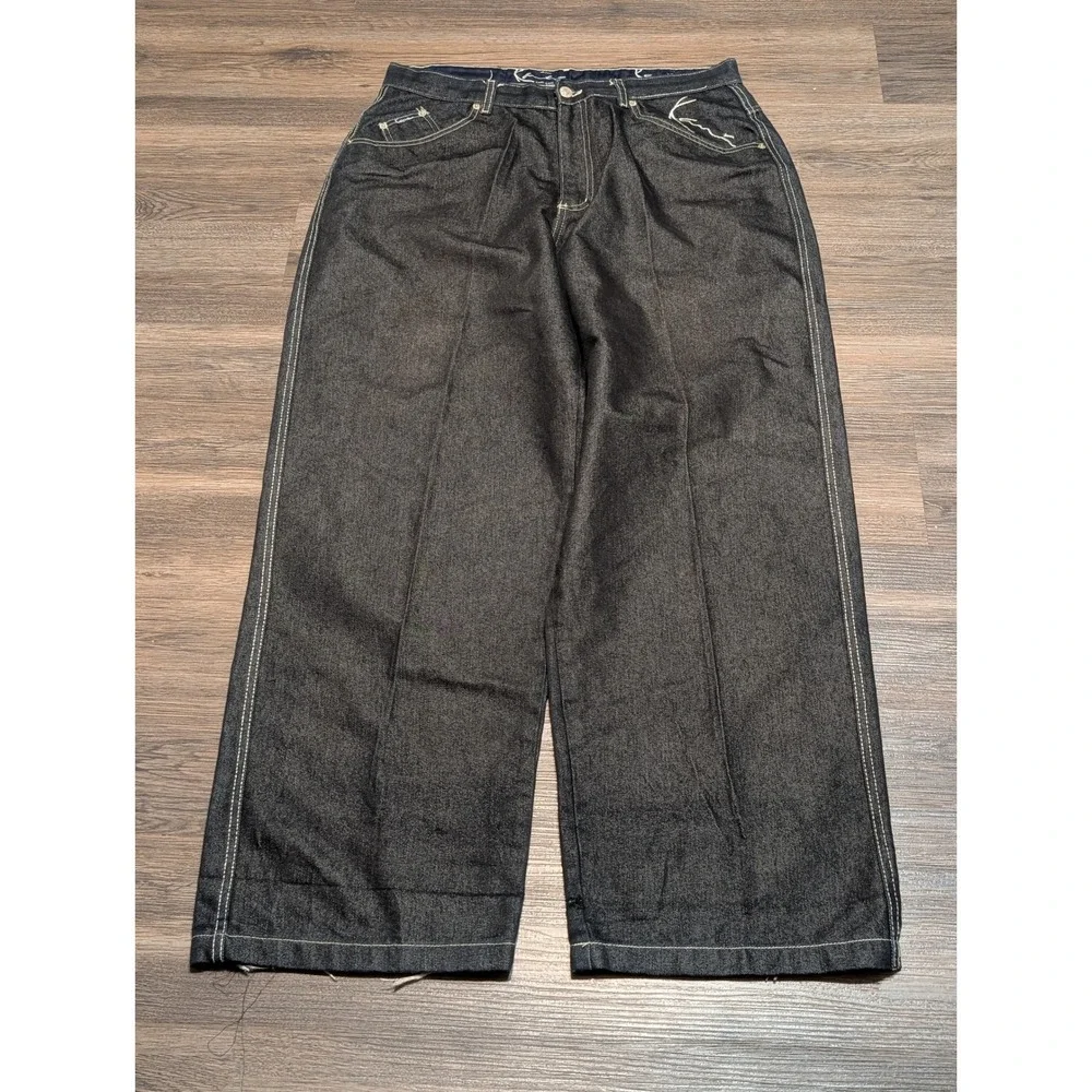 Karl Kani Baggy Barrel Jeans‎ Dark Wash Black Distressed 38x32 Y2K Streetwear